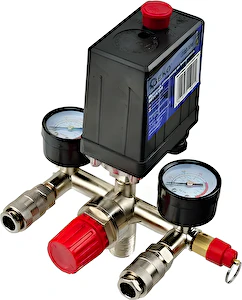 Tlakový spínač na kompresor 0-5 bar, 230V, 1 výstup 1/4" s 2 manometrami, Geko